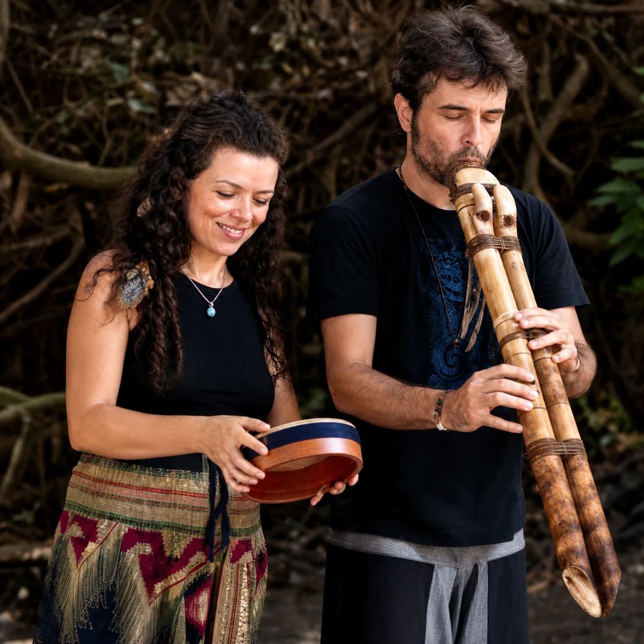 Rafa Buccio e Zeca Buecher tocando tambor e flauta nativa